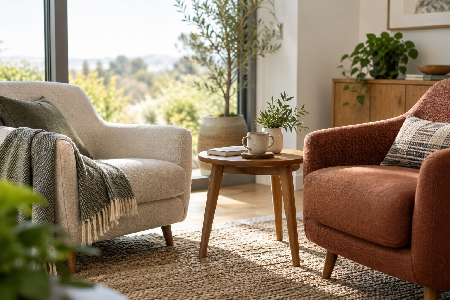 Two comfortable chairs beside a small table with a mug, in soft natural daylight